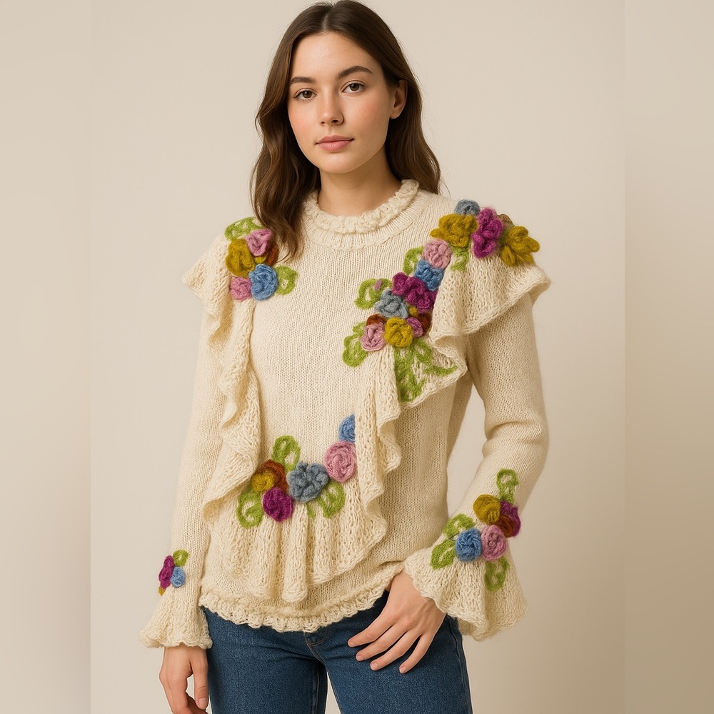 Floral Embellished Cream Sweater